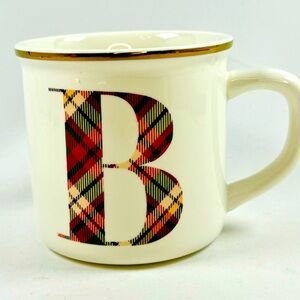 Pottery Barn Tartan Plaid Letter B Alphabet Initial Mug 16 oz Holiday Gold Rim